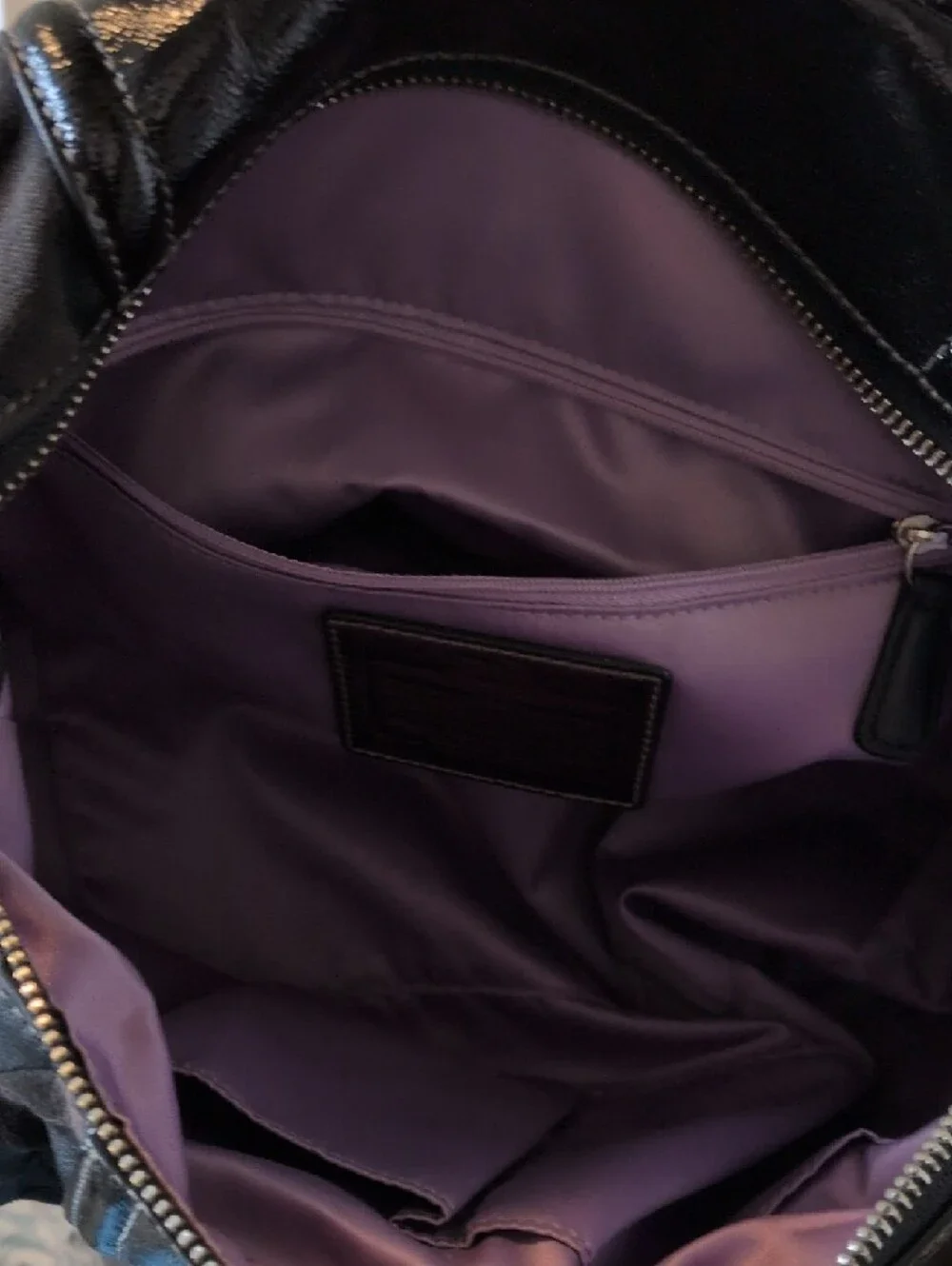 Coach Black Poppy Signature Satin Satchel with Patent Trim